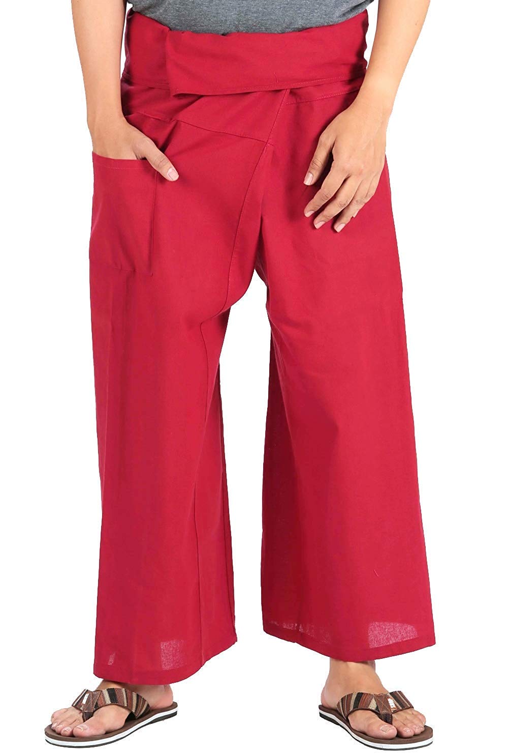 Whitewhale Mens Lightweight Cotton Thai Fisherman Pants Summer Hippie Yoga Pants Dark Red
