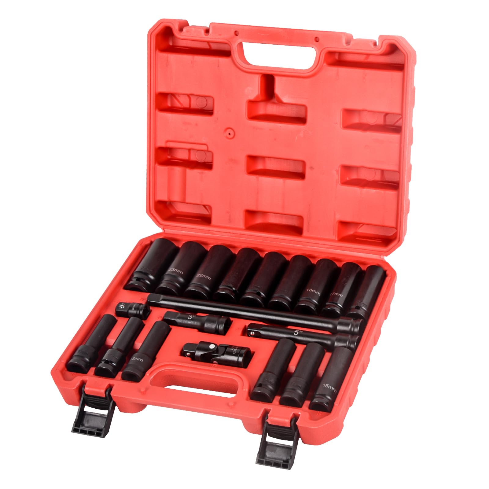 Jeu de douilles à choc profondes de 1,3 cm, 20 pièces de douilles métriques (10 mm-24 mm), comprend des barres d'extension de 7,6 cm, 12,7 cm, 25,4 cm, en acier au chrome vanadium à 6 points