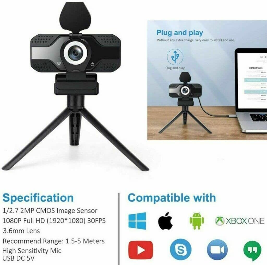 1080P Webcam with Privacy Cover Streaming Webcam with Microphone USB Tripod