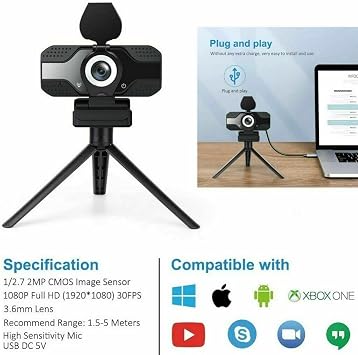 1080P Webcam with Privacy Cover Streaming Webcam with Microphone USB Tripod