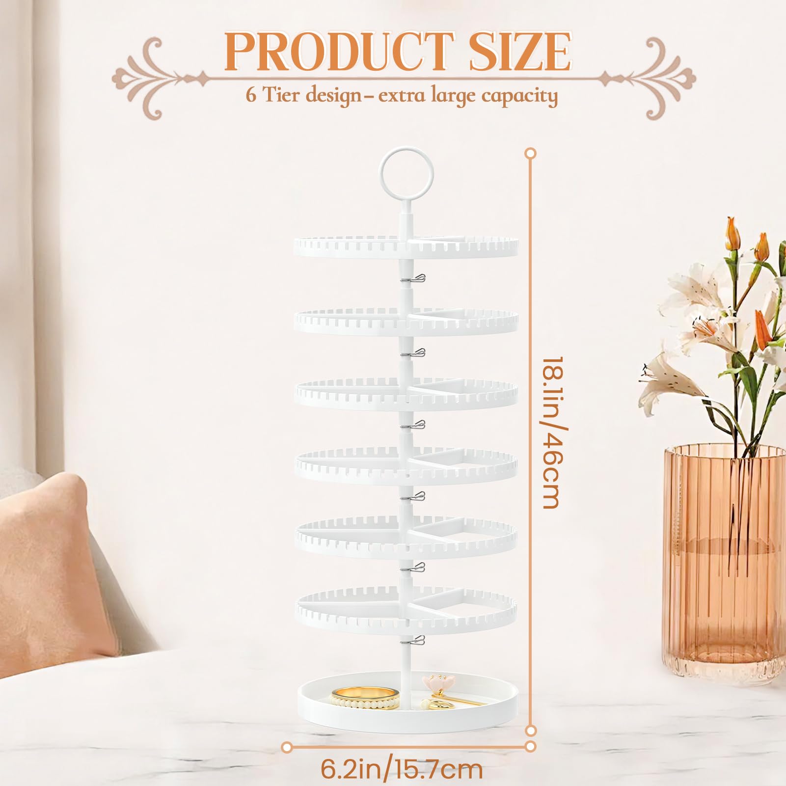 iDavosic.ly 6 Tier Rotating Earring Holder Organizer with Metal Tray - Image 3