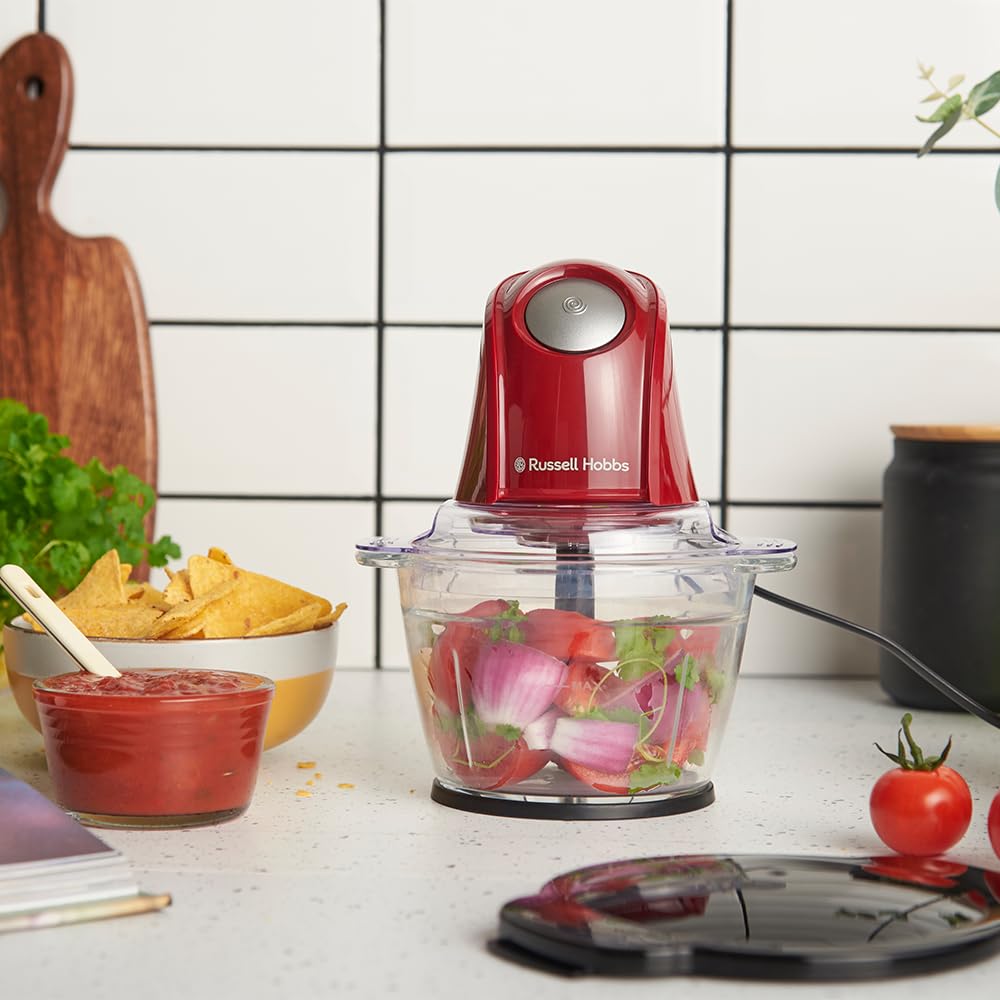 Russell Hobbs Picadora Eléctrica Mini Desire Red (Cuenco de vidrio de 500 ml, Cuchillas Inox de 2 puntas, 350 W Max, Botón One-Touch, Para frutas, verduras y carne) 27132-56