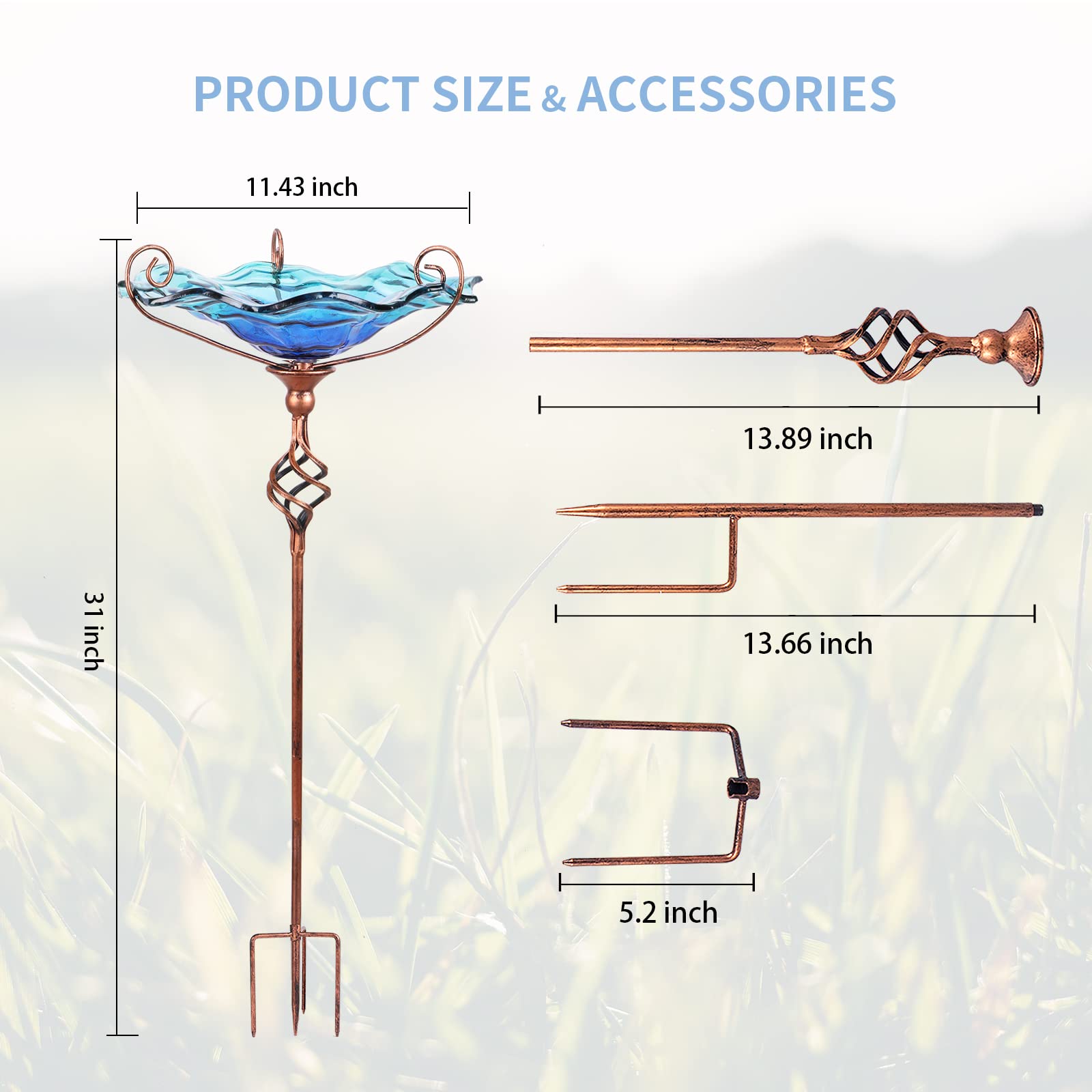 VCUTEKA Outdoor Bird Bath Glass Birdbath Garden Bird Feeder with Metal Stake Blue - image 4