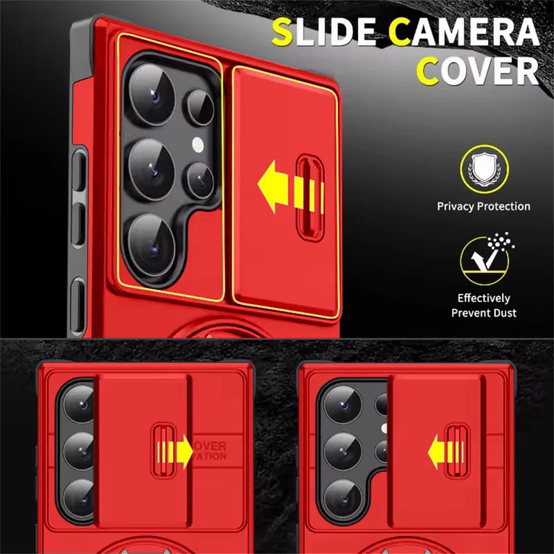 Image of LuxuryKase Shockproof Rugged Case for Samsung Galaxy S24 Ultra | Slide Camera Cover | 360 Rotating Ring Kickstand | Military-Grade Protection - Cherry Red