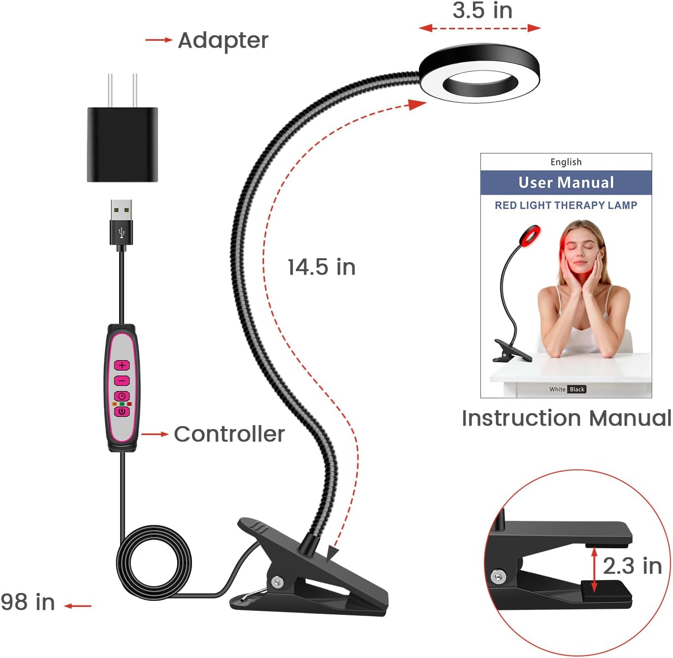 Aumtrly Red Light Therapy for Face and Body Use, 660nm Red and 850nm Near Infrared Red Light Therapy Lamp with Clip and Angle Adjustable, Small and Portable, Suitable for Home or Travel Use, Black