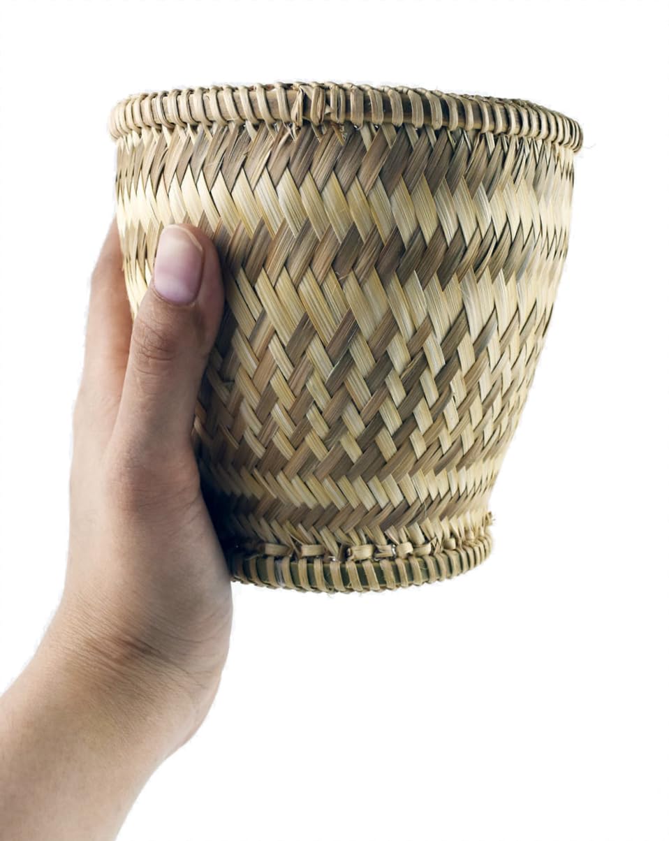 Thai Bamboo Sticky Rice Steamer Basket con coperchio e tazza, tradizionale contenitore in vimini intrecciato a mano per riso al vapore, supporto naturale per alimenti caldi e conservati per cucina