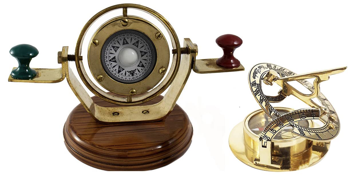 Antique VibesSailor Brass Ship/Boat Gimbals Binnacle Compass + Shiny Brass Sundial Compass Desk Decor