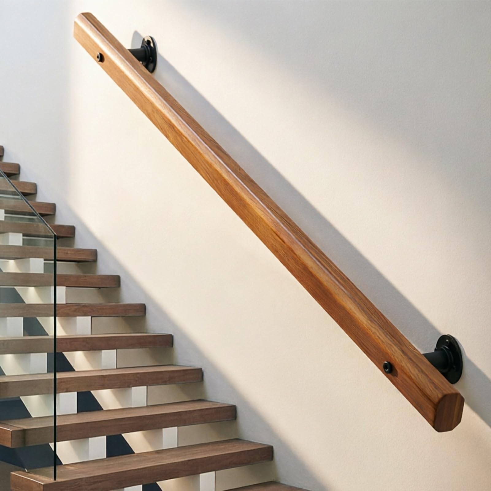 DMCHENGMA Wooden Stair Handrail with Sturdy Metal Base - Wall-Mounted Grab Bar for Drywall & Concrete, Corridor Safety Railings(12ft/360cm)