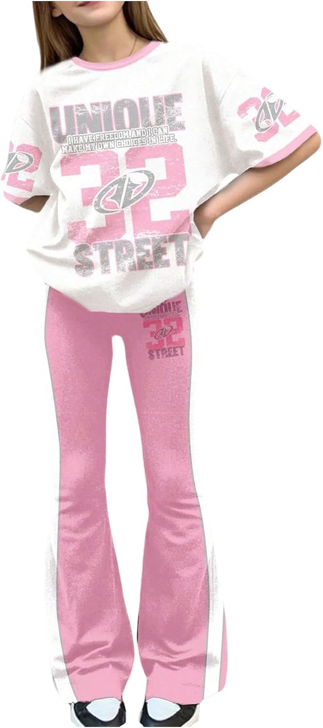 WDIRARA Girl's 2 Piece Outfits Star Denim Print Short Sleeve T Shirt and Bell Bottom Flare Pants Sets