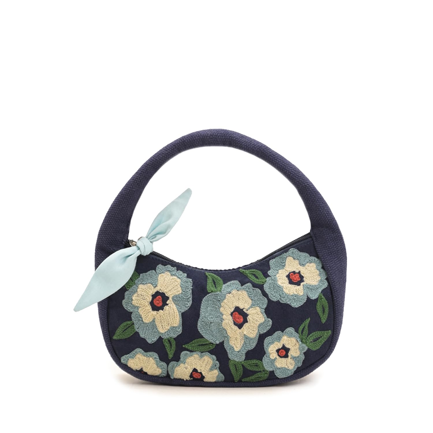 Indigo Blossom Tote Bag – Navy Blue Floral Handbag for Women with Embroidered Flowers, Padded Handle & Ribbon Detail – Chic Shoulder Bag for Travel, Brunch-image-28