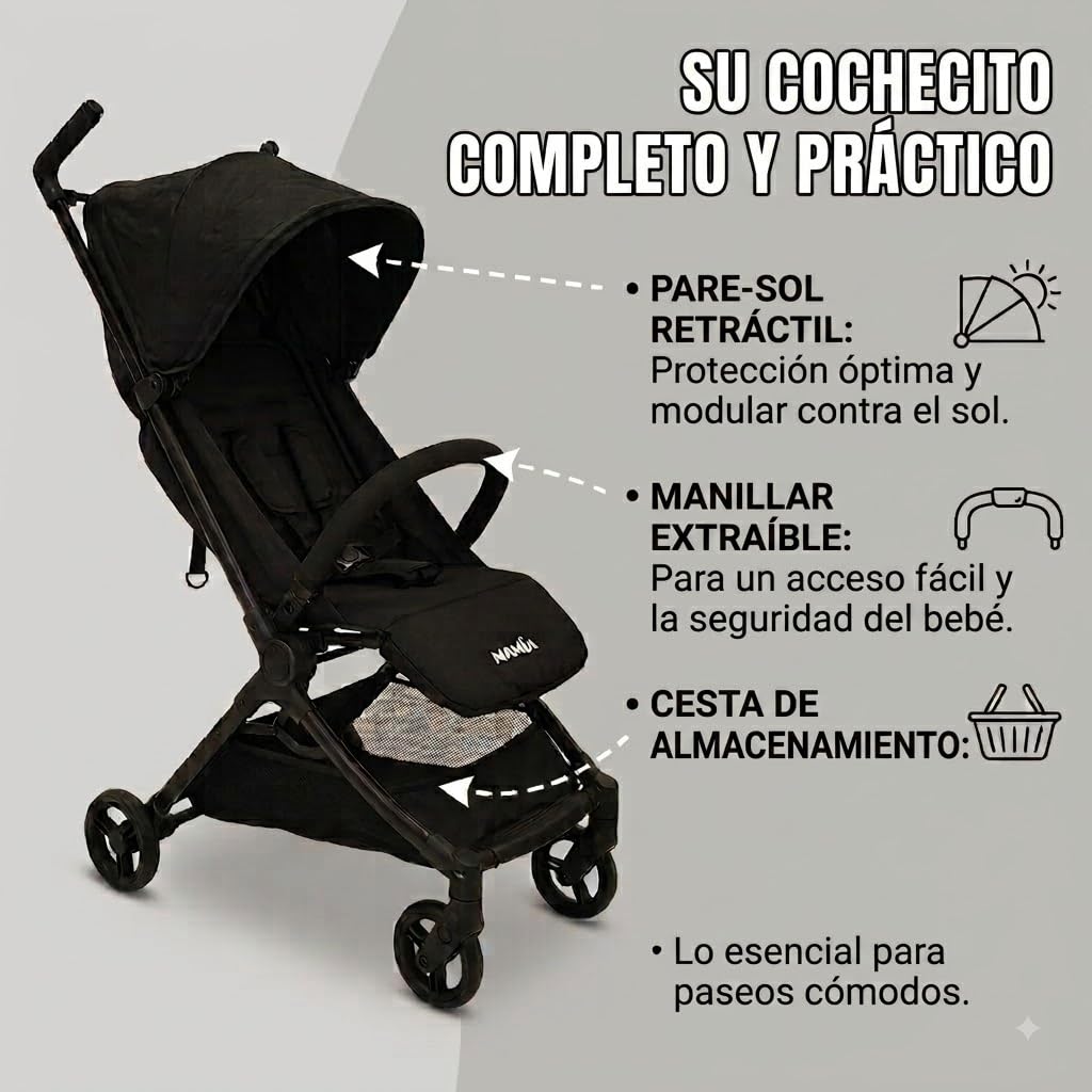 Nania, Cochecito Ultra-compacto, Babyjet (0 a 15 kg) homologado cabina avión, ligero 4,5 kg, respaldo reclinable, parasol ajustable, bolsa de transporte incluida