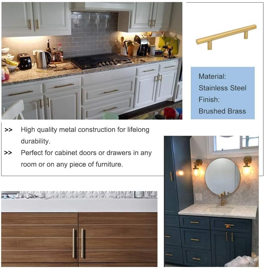 LONTAN 12 Pack Kitchen Cabinet Handles Gold Drawer Pulls 3 Inch Gold Cabinet Handles Brushed Brass Stainless Steel Furniture Hardware for Bathroom