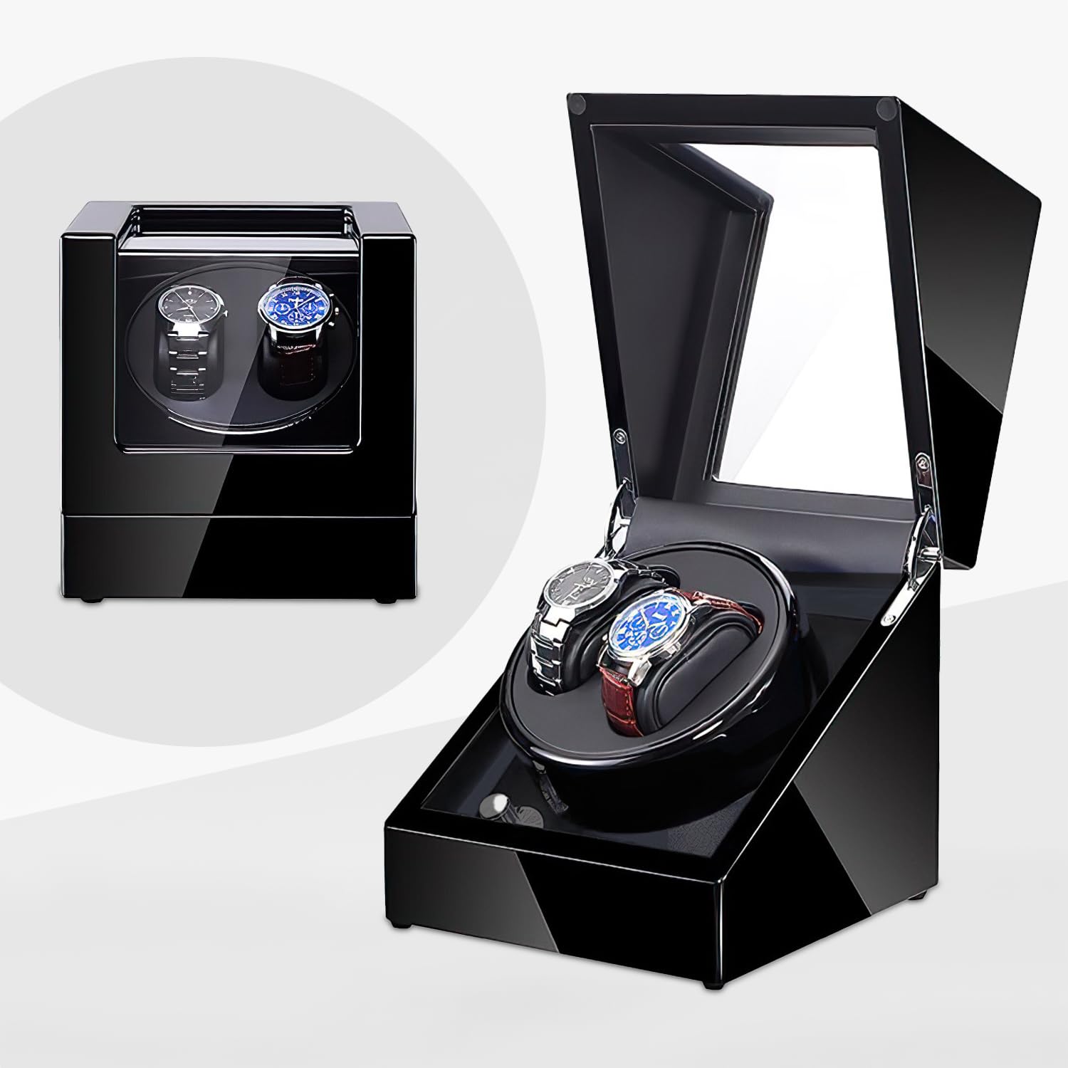Olvy Caja giratoria para relojes automáticos, motor extremadamente silencioso, color negro lacado con iluminación LED