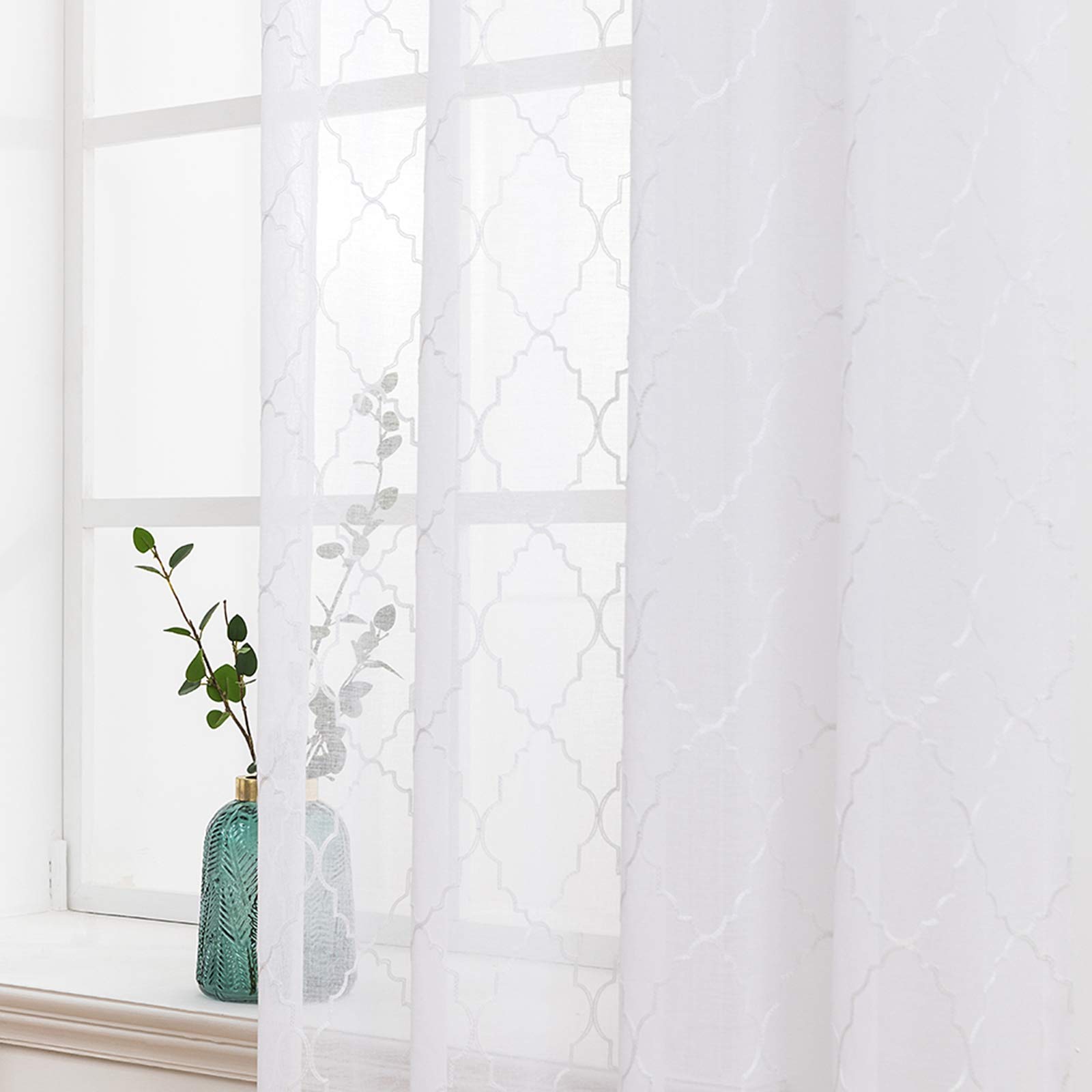 MIULEE Tende Trasparenti Marocco Ricamati 2 Pannelli Bianco 140x175 cm | Tende per Interni Voile Tenda per Finestra con Occhielli per Soggiorno e Camera da Letto