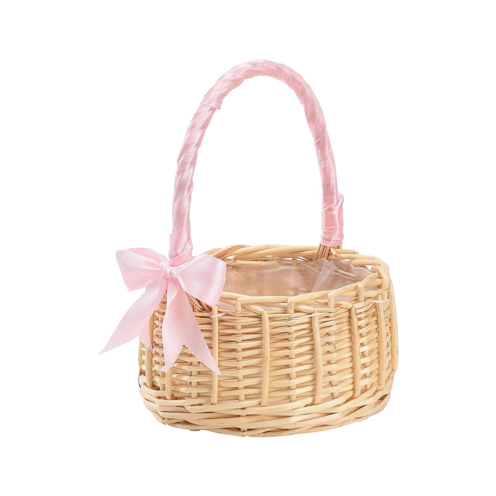 2 PCSA Wedding Flower Girl Baskets,Rustic Small Wicker Basket with Handle,Woven Flower Girl Basket Picnic Basket,Handwoven Artificial Flower Wicker Baskets for Home Wedding(Pinks,L)