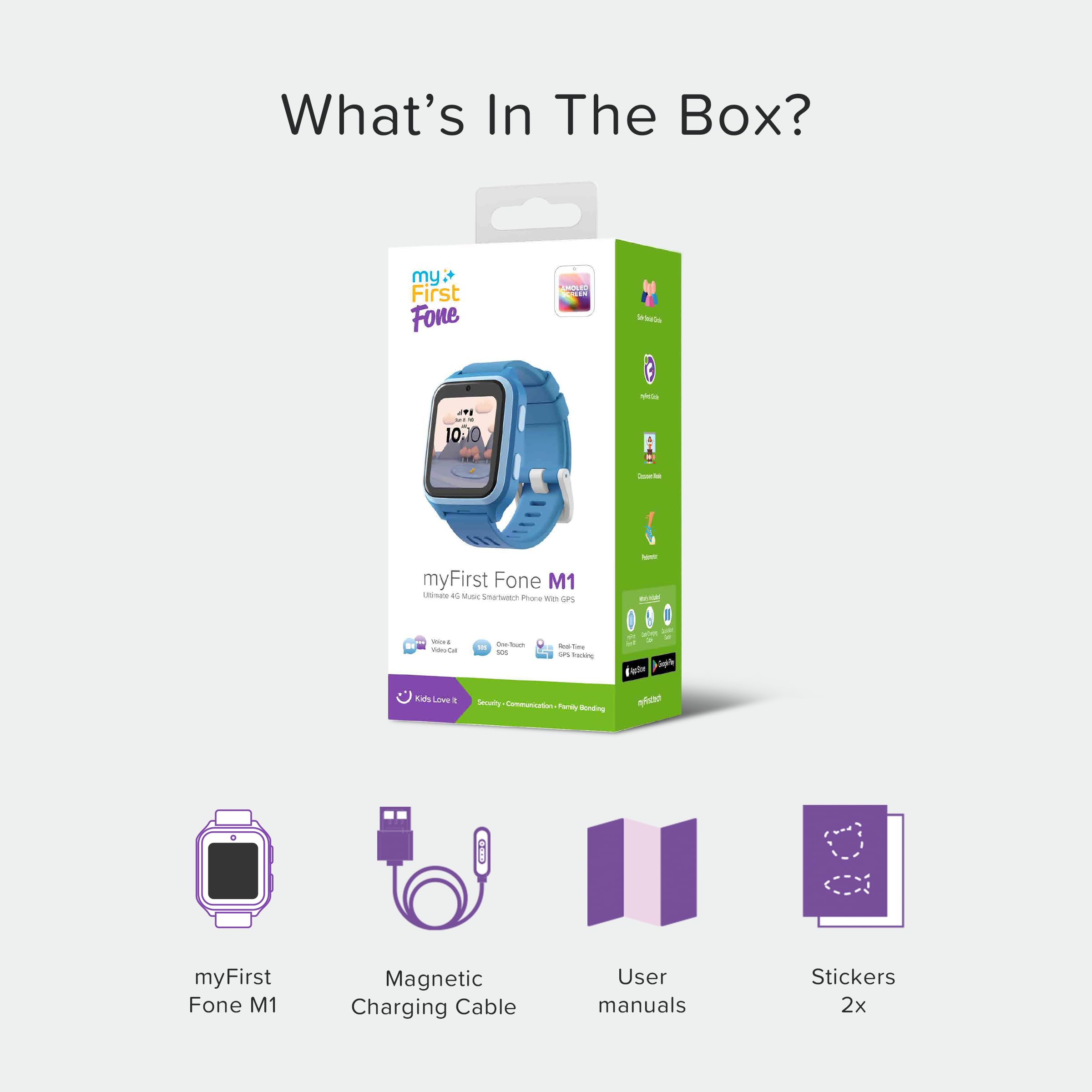 myFirst Montre intelligente 4G pour enfants Fone M1 pour l'UE Asie uniquement, technologie Nano SIM 2 MP, appareil photo, appel, messagerie vocale, traqueur GPS pour enfants de 5 à 12 ans, garçons et