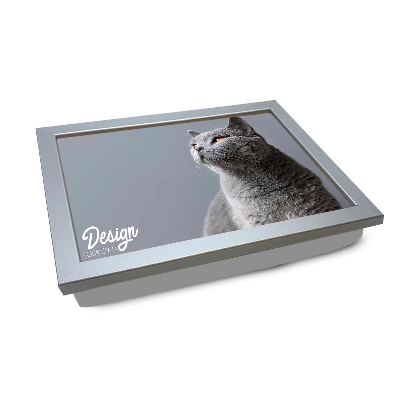 Design Your Own Personalised Photo Lap Tray. Handmade Wooden Frame, Beanbag Cushioned Base | Use Your Photo | Computers, Laptops, Meals, Food, Dinner, Serving, Laptray With Cushion (Silver)