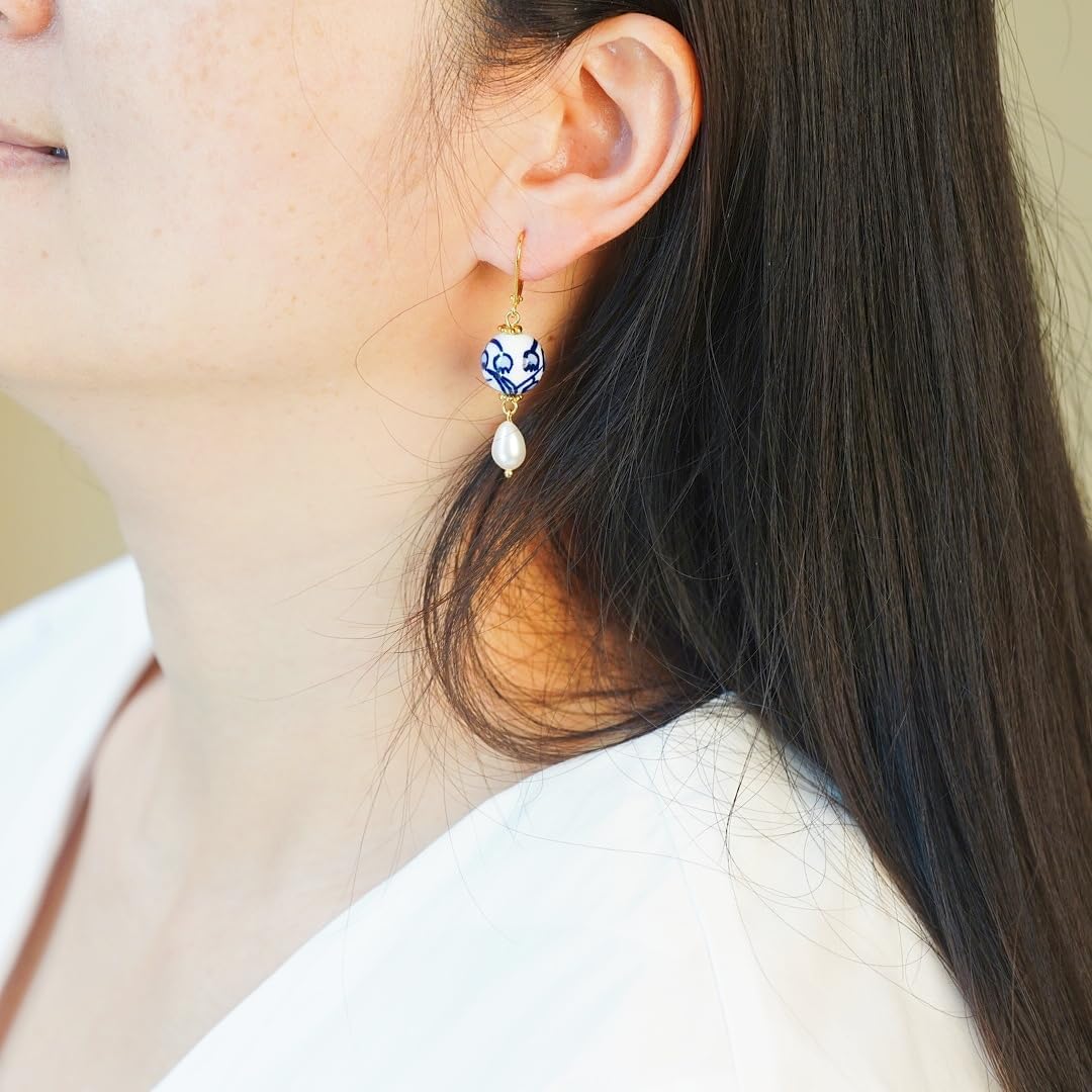 Hand-Painted Blue and White Porcelain Earrings – Freshwater Pearl Drop, 925 Sterling Silver, Vintage Lily of the Valley Design, Ideal for Mother’s Day & Birthdays - Image 7
