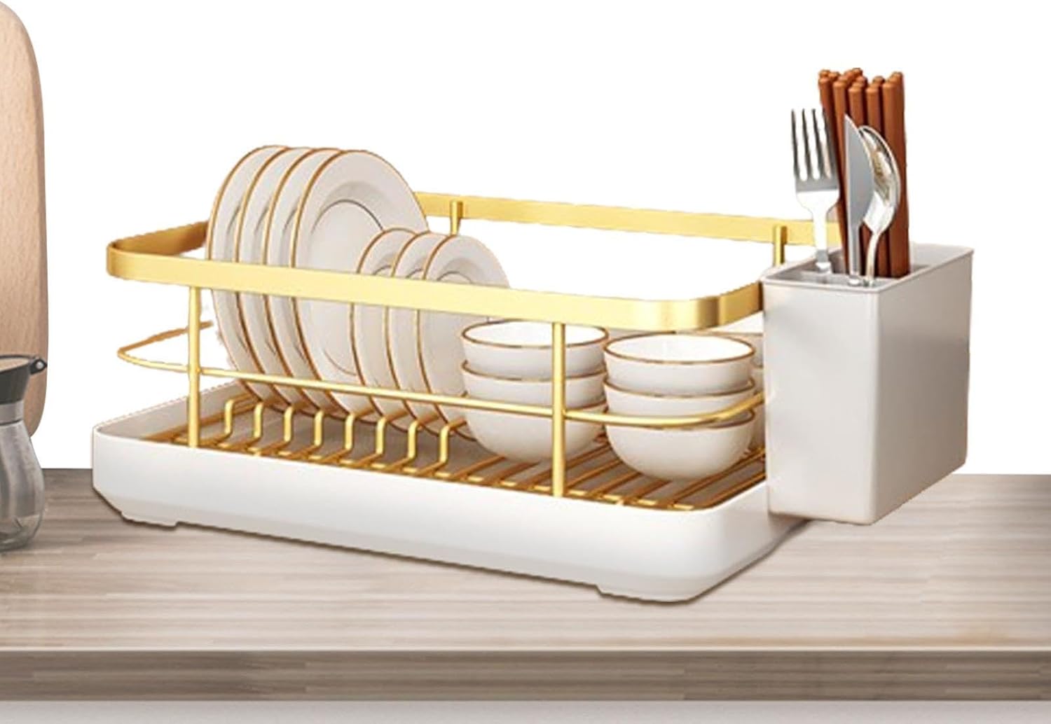 Dish Drying Rack, Multi-Function Dish Racks for Kitchen Counter, Carbon Steel Dish Rack with Cutlery Holder and Drip Tray, Space-Saving Kitchen Organizer (Gold)