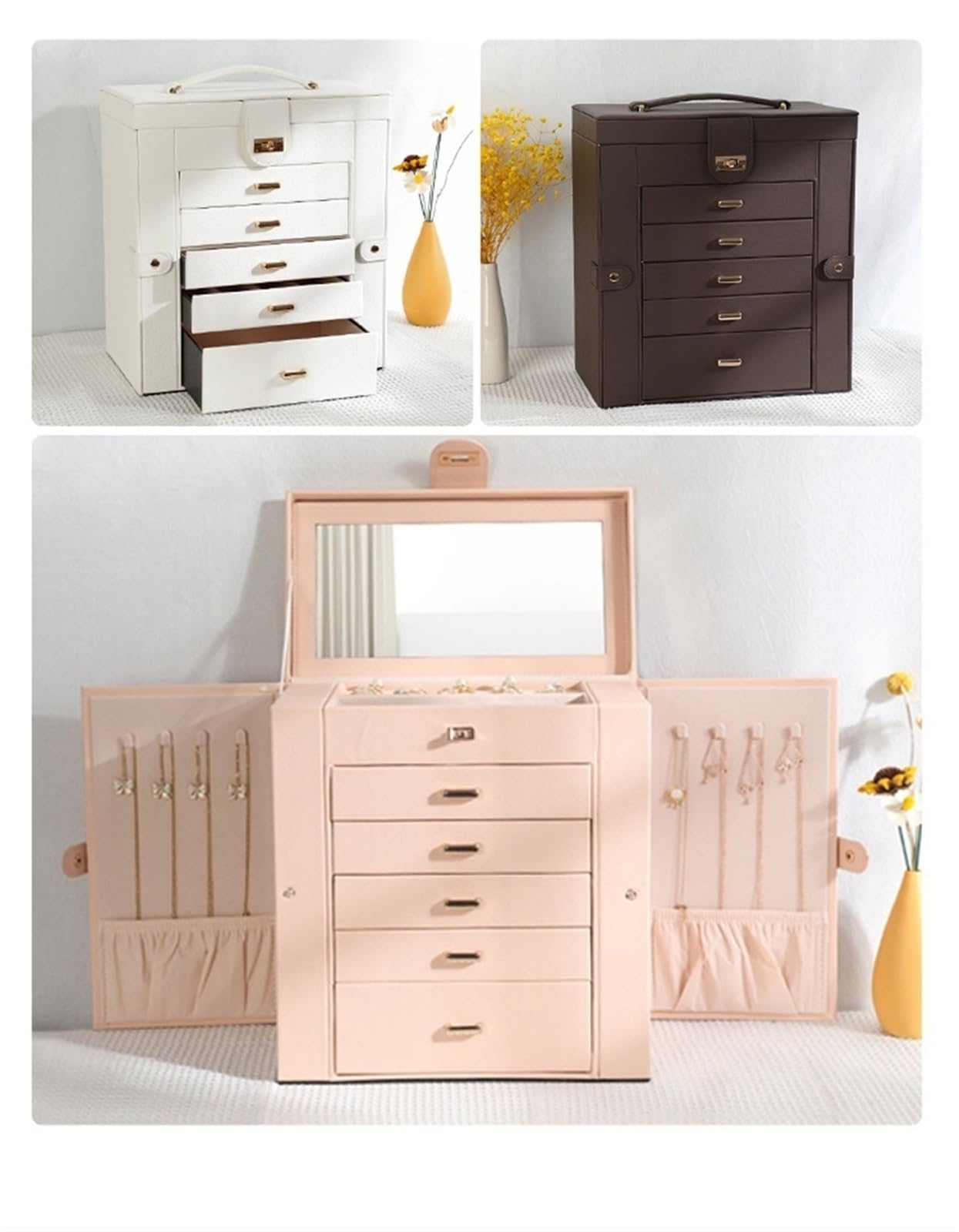Pudełko na biżuterię Organizer biżuterii o dużej pojemności Pięć warstw Pu Leather Naszyjnik Pierścień Organizer biżuterii Szuflada Organizer biżuterii na pierścionki bransoletki kolczyki (Color : Ro