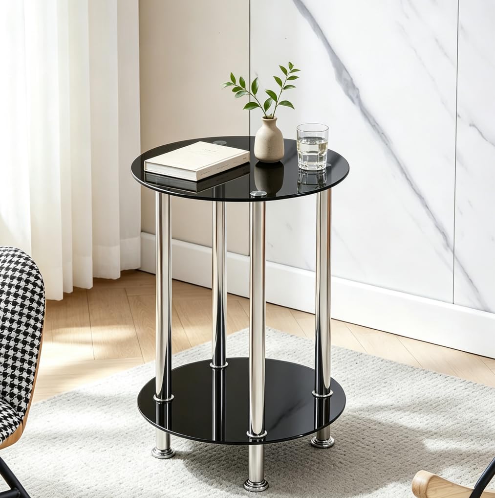 Pantanal Glass Round Sofa Table Side Table with Storage Shelf, Living Room 2 Tiers Small Coffee End Table for Corner Bedroom Little Nightstand Beside Table Home Office Reception (Black, Round) — image 1