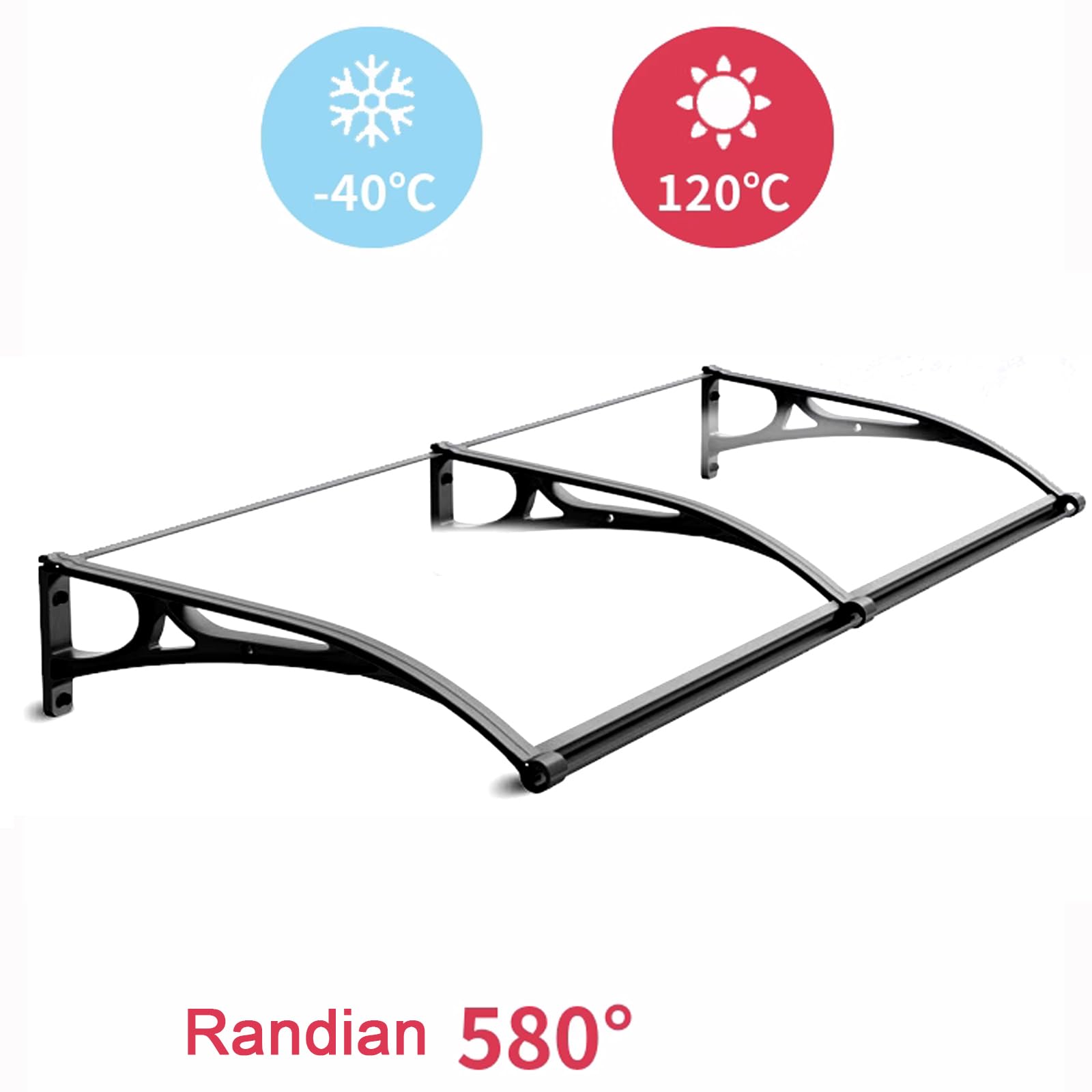 Schallschutz-Vordach für den Außenbereich, überdachte Veranda, mit gebogenem Fenster, Regenschutz, transparentes Polycarbonat mit schwarzer Halterung, Tragkraft 150 kg, 100 x 180 cm (39 x 71