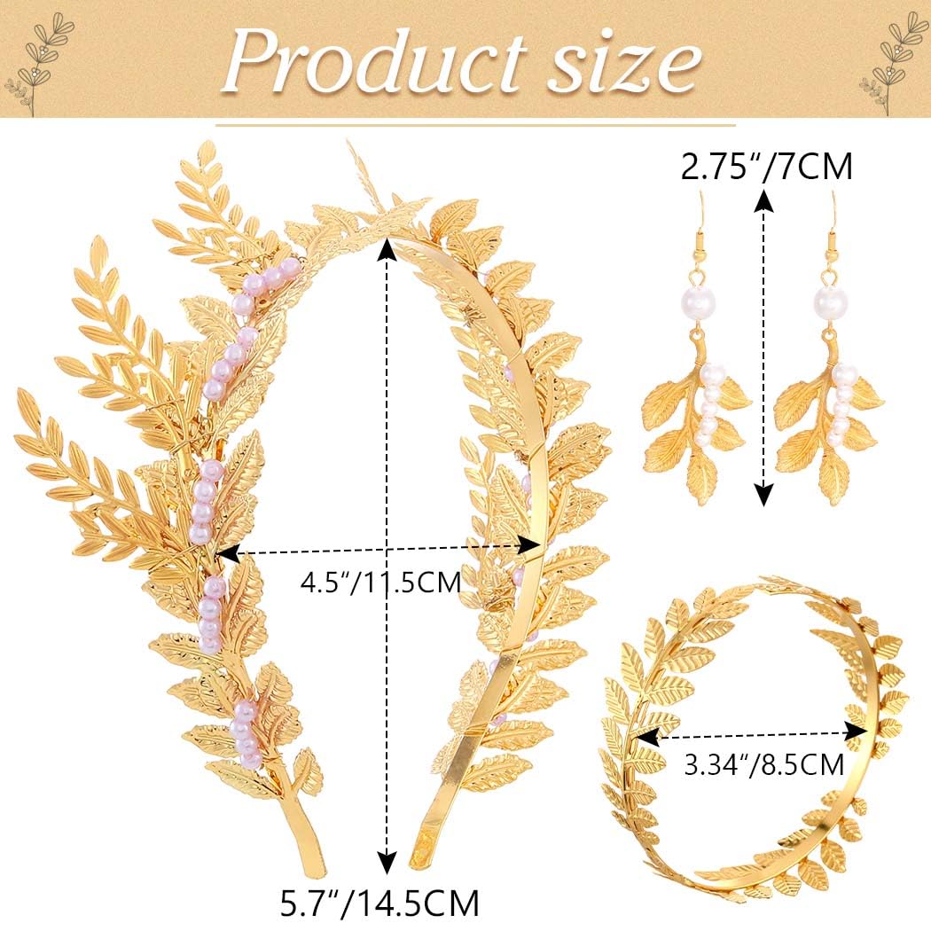 Handcess Greek Goddess Costume Accessories Set Golden Toga Laurel Leaves Headband Pearl Drop Earrings Upper Arm Cuff Accessories for Women - Image 2