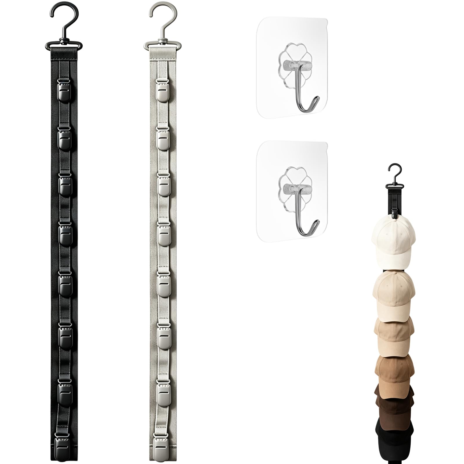 Baseball Cap Storage, Hat Racks for Wall with 8 Non-Marking Clips, Cap Storage for Baseball Caps with Rotating Hooks, Behind Door Hat Organiser for Wardrobes and Entryways, Measuring 71.5 x 3.6 x 2.8