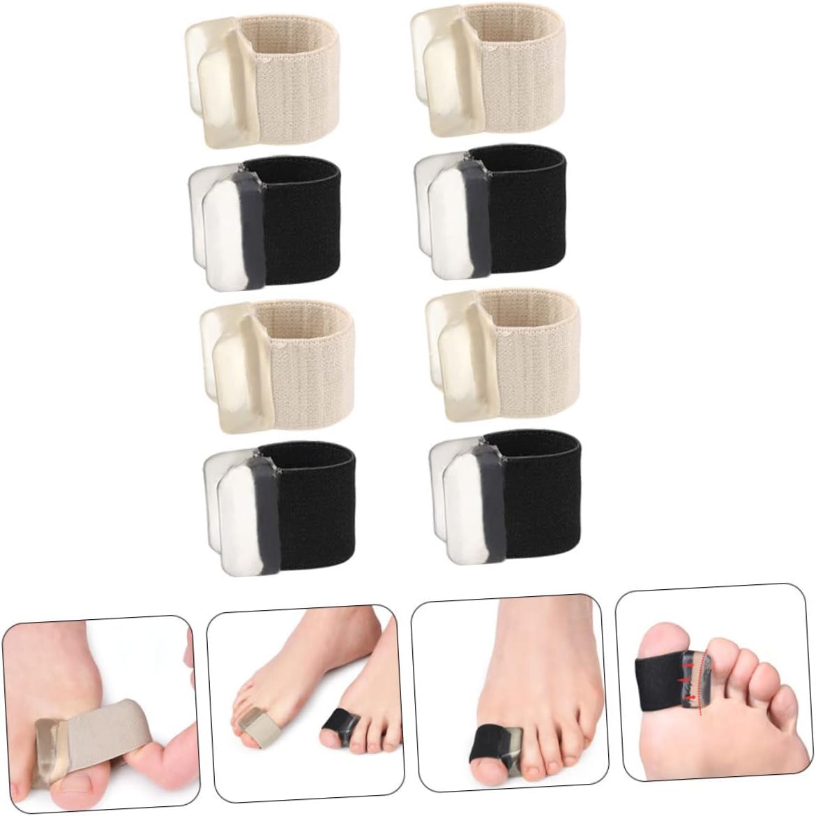 4pairs Bunion Corrector Toe Separators for Foot Care Gel Spacers for Overlapping Toes Comfortable Washable and Reusable Foot Health Skin and Black Colors