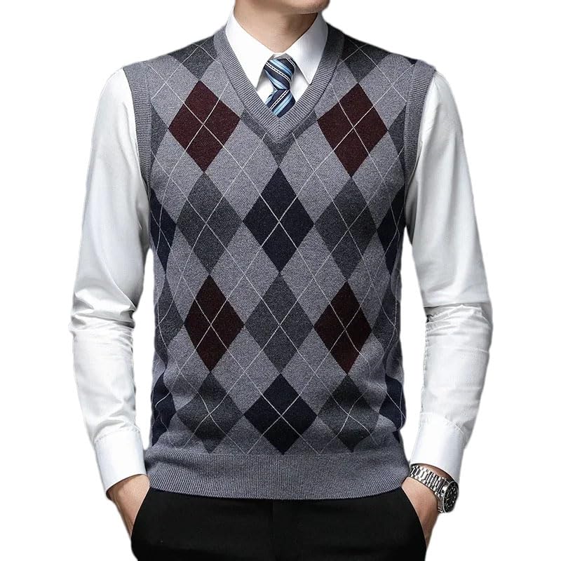 Men's Woolen Sweater Warm Diamond Shaped Lattice Casual Business V-Neck Sweater Vest