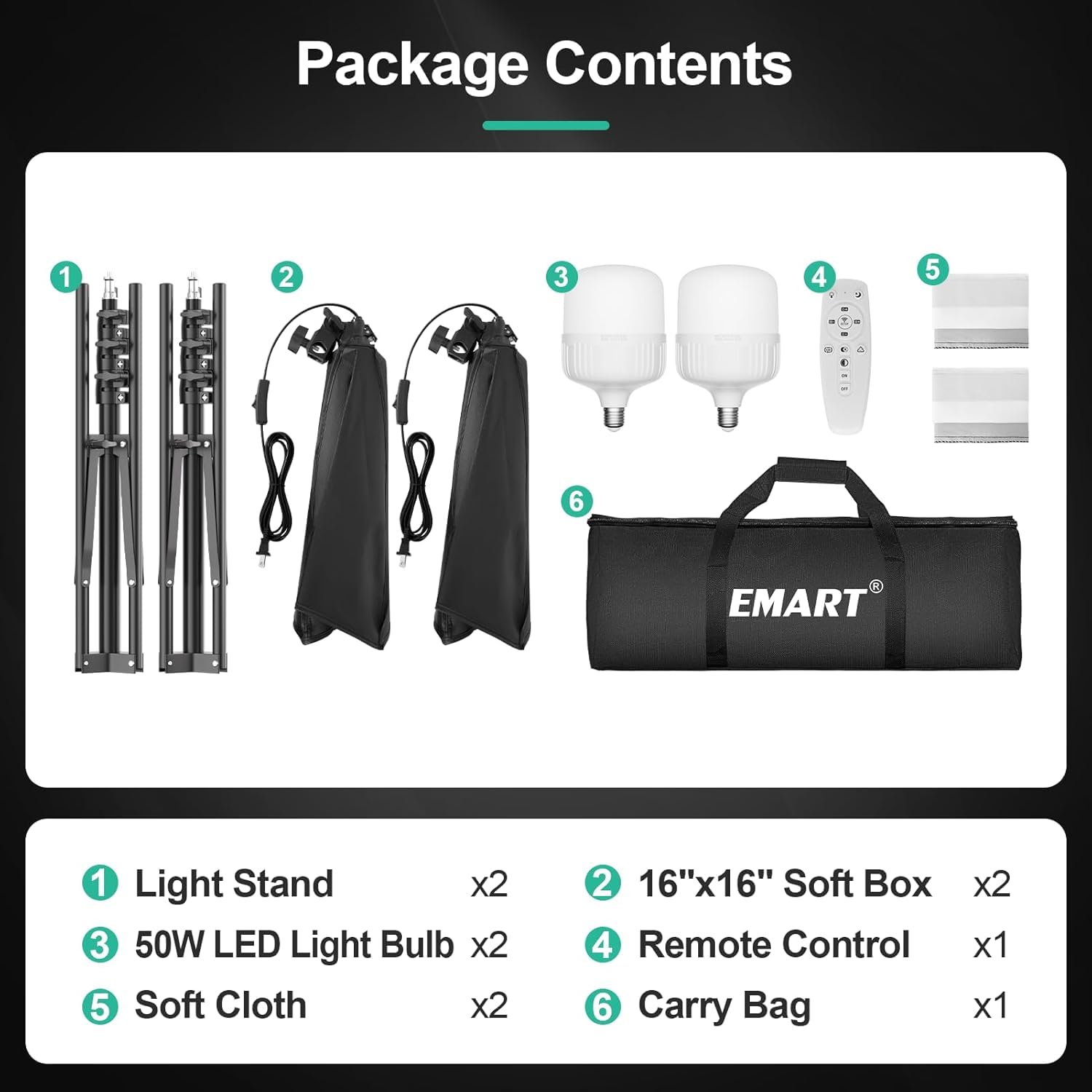 EMART Softbox Fotostudio Set 40 x 40cm, Soft Box Beleuchtung 2 x 50W 3000-6000K LED Studio Licht Kit für Studio Porträts,Video, Fotografie