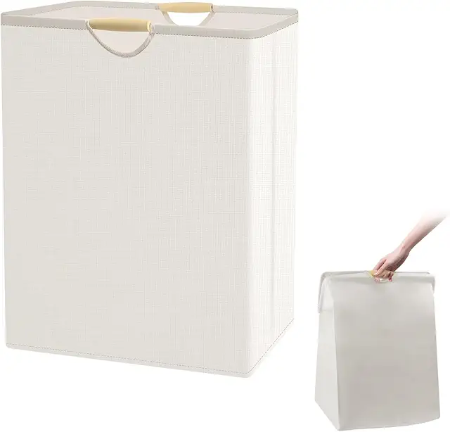 Cesto para Ropa Sucia Plegable 60L Beige Gran con Mango de Madera - VFANDV