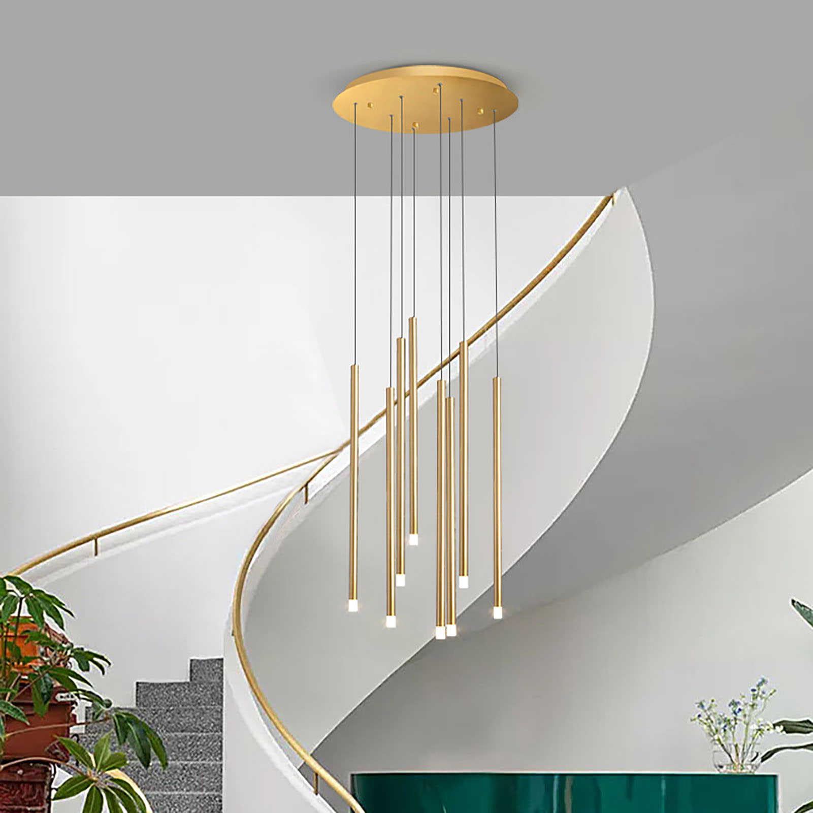 LYMSXAZOU Chandelier for Modern High Foyer Entryway - Duplex Spiral Staircase Long Tube Ceiling Lighting- Adjustable Large Pendant Hanging Light