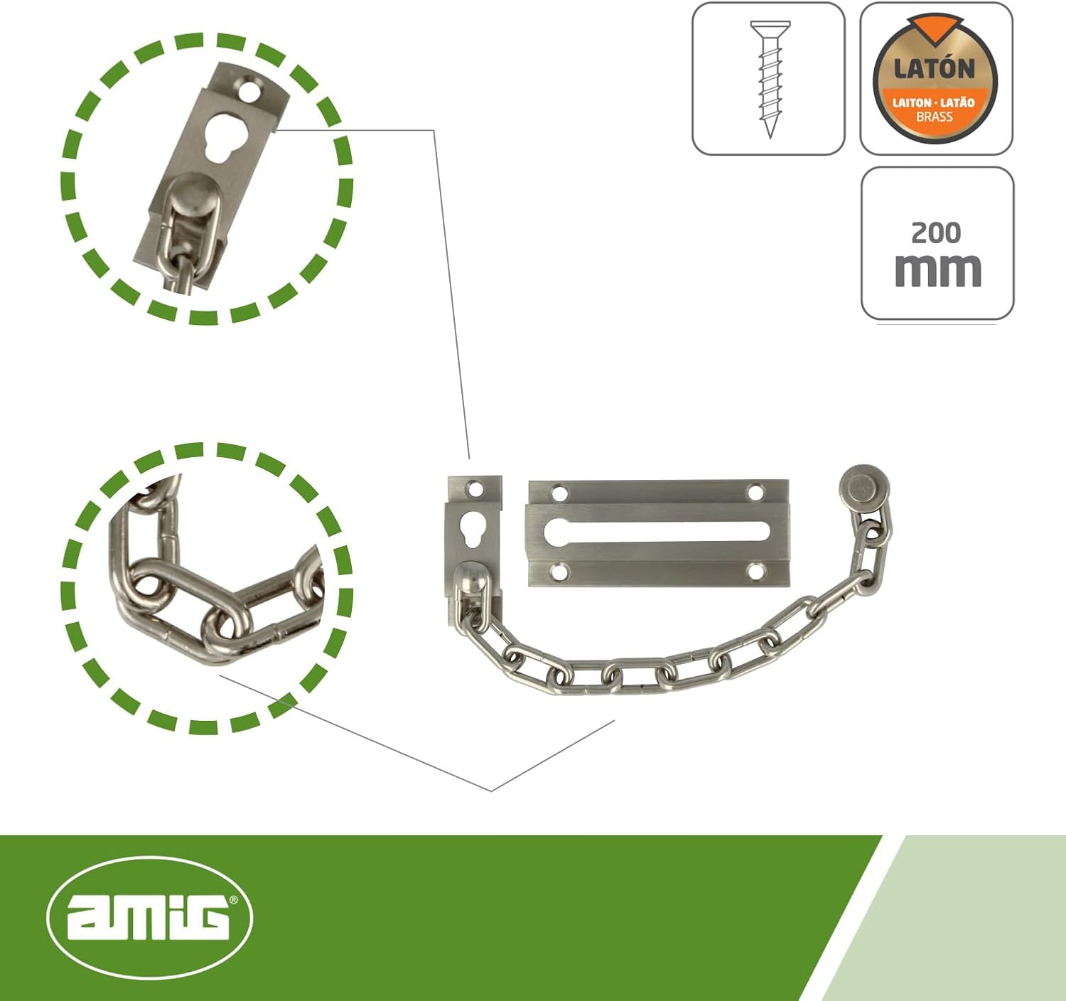 Amig - Security Chain for Doors Mod. 1 - Chain Length: 200 mm - Recessed Handle for Entry Doors - Heavy Duty Steel Links - Silver Brass
