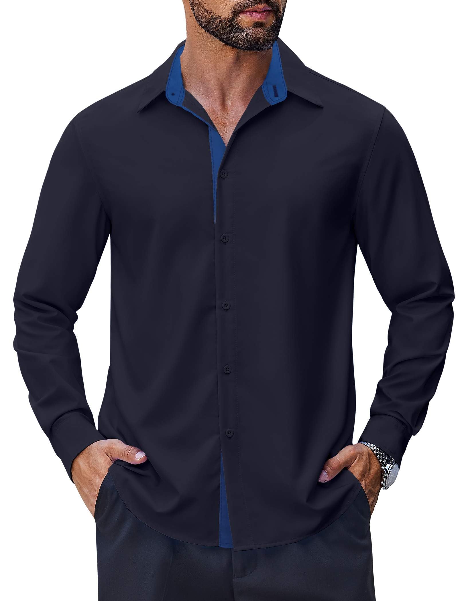 COOFANDY Men's Long Sleeve Wrinkle Free Dress Shirts 2024 Inner Contrast Business Casual Button Down Shirt, Deep Blue, Medium