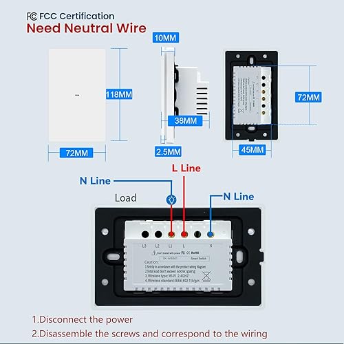 Miniatura 2 de Interruptor inteligente de 4.646 x 2.835 x 1.496 in, necesita cable neutro, WiFi de 2.4 GHz, interruptor de botón de plástico, función de