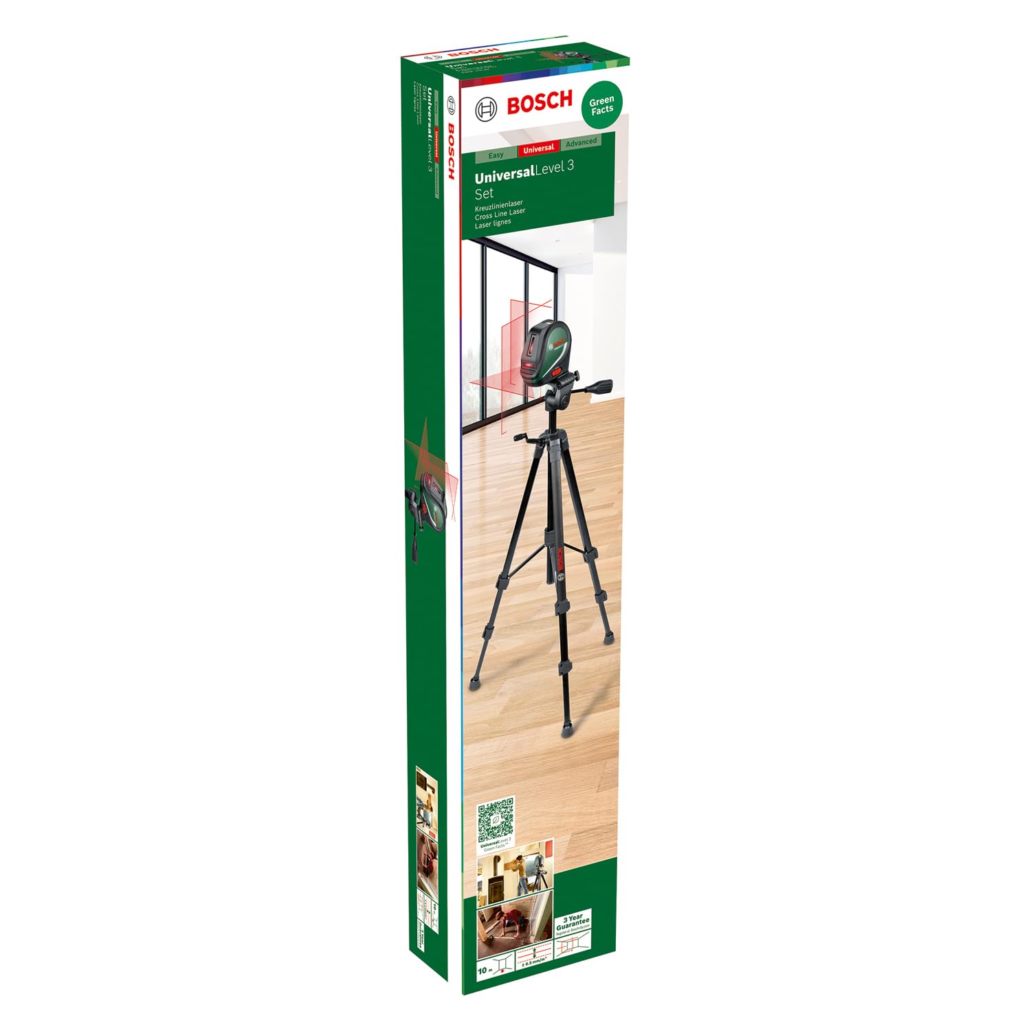 Bosch Kreuzlinienlaser UniversalLevel 3 mit Stativ (Laserkreuz mit Vertikallinie im 90°-Winkel für ein Laserkreuz an der Decke und unterem Lotpunkt zum genauen Ausrichten, im Karton)