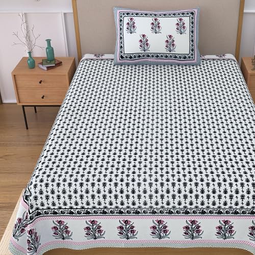Image of 100% Cotton Single Bedsheet with 1 Pillow Cover | 240 TC Pure Cotton Flat Bed Sheet | Traditional Jaipuri Printed Bedding Set | Soft & Breathable | 60 x 90 Inch (Rangmahal Single 48)