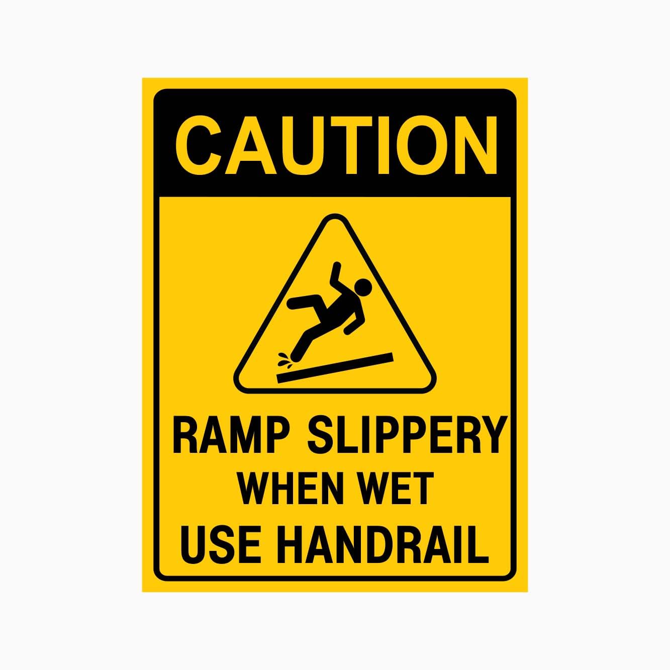 CAUTION RAMP SLIPPERY WHEN WET USE HANDRAIL Sign, 12x8 Inch Metal Tin Sign, Anti-Slip Reminder for Ramps and Sloped Walkways