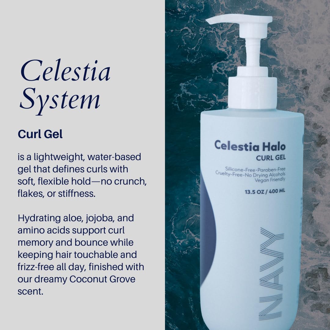NAVY HAIR CARE Celestia Halo Curl Gel | Flexible Hold, Hydration & Definition | Lightweight Gel for All Curl Types | Aloe, Jojoba & Amino Acids | Vegan & Cruelty-Free | 13.5 oz