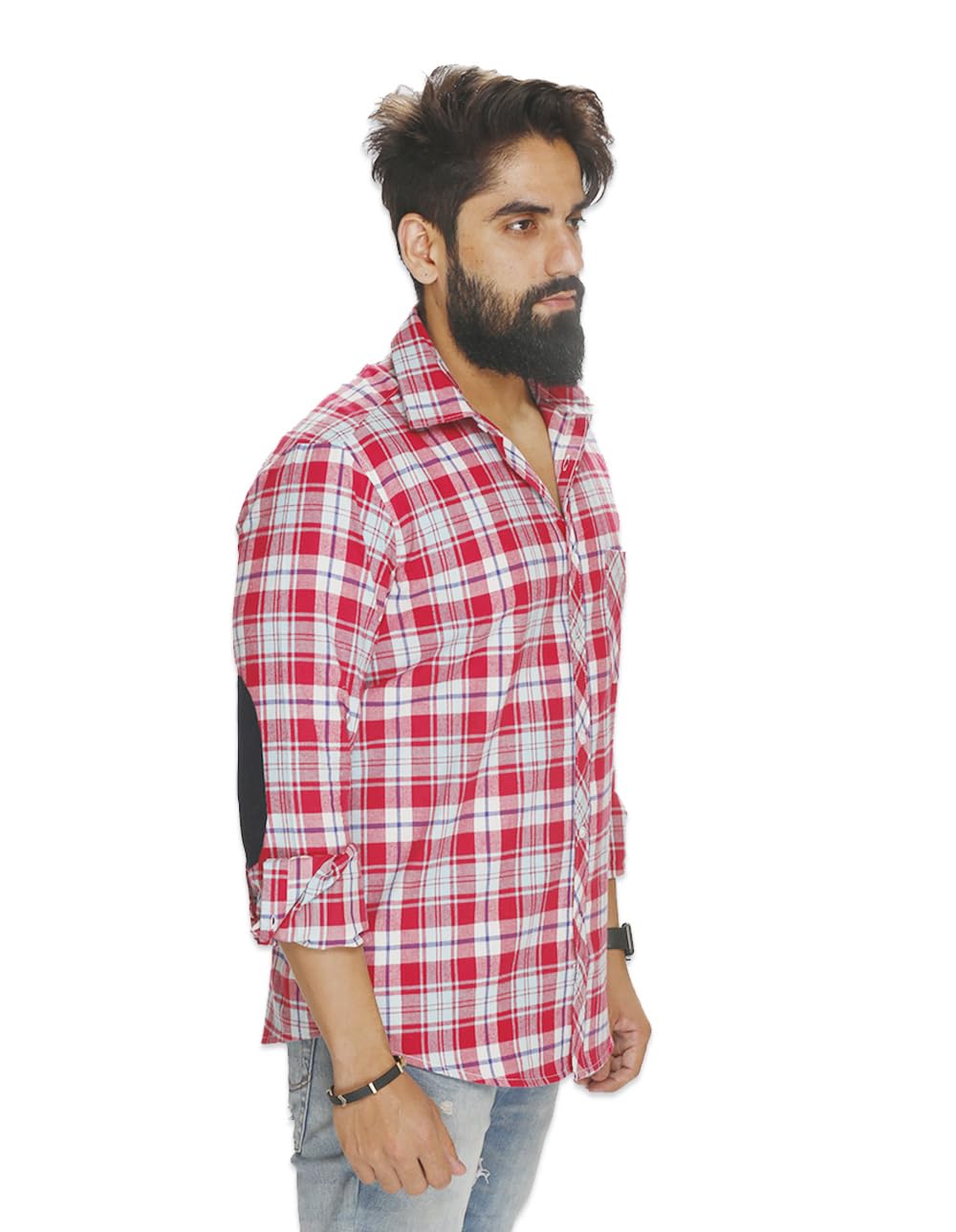 Grease Monkey Men’s Slim Fit Checkered Shirt – Pink & White Plaid, Long Sleeve, 100% Cotton, Cross-Patched Pocket, Corduroy Elbow Patch-image-30