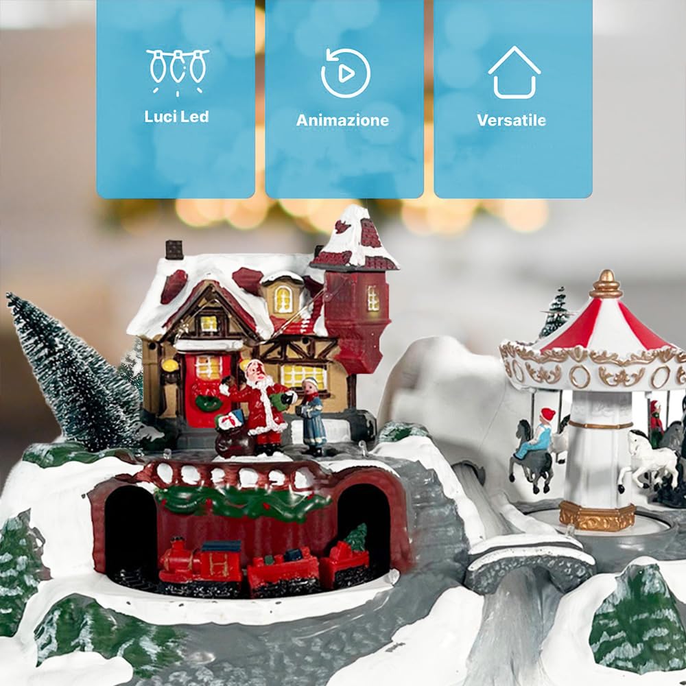 PALUPLUS Villaggio Innevato di Natale da tavola con Luci, Musica e Movimento, Misura 31x19,5x21 cm, Giostrina con Casetta, Treno, Carosello, Decorazioni Natalizie -8072C