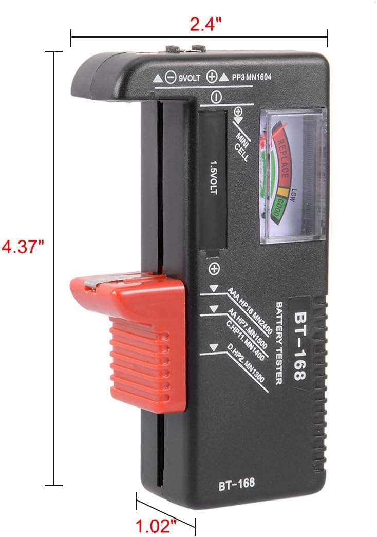 Image showing the dimensions of the uxcell BT168 battery tester: 4.37 inches length, 2.4 inches width, 1.02 inches thickness.