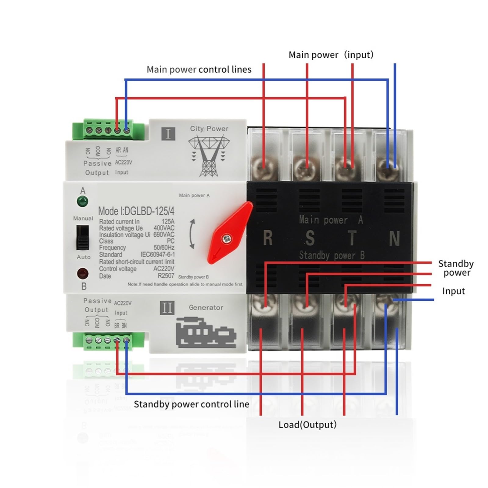 Automatyczny przełącznik transferu ATS trójfazowy podwójny zasilacz 125A na szynie DIN, przełącznik elektryczny 4P, nieprzerwany generator prądu 50/60 Hz (220 V)