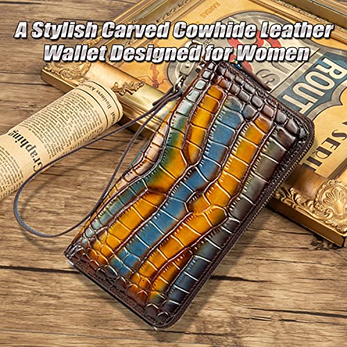 Women's Crocodile Print Genuine Leather Wallet Vintage Multi-Color Wristlet with Phone Pocket (Yellow/Blue)2