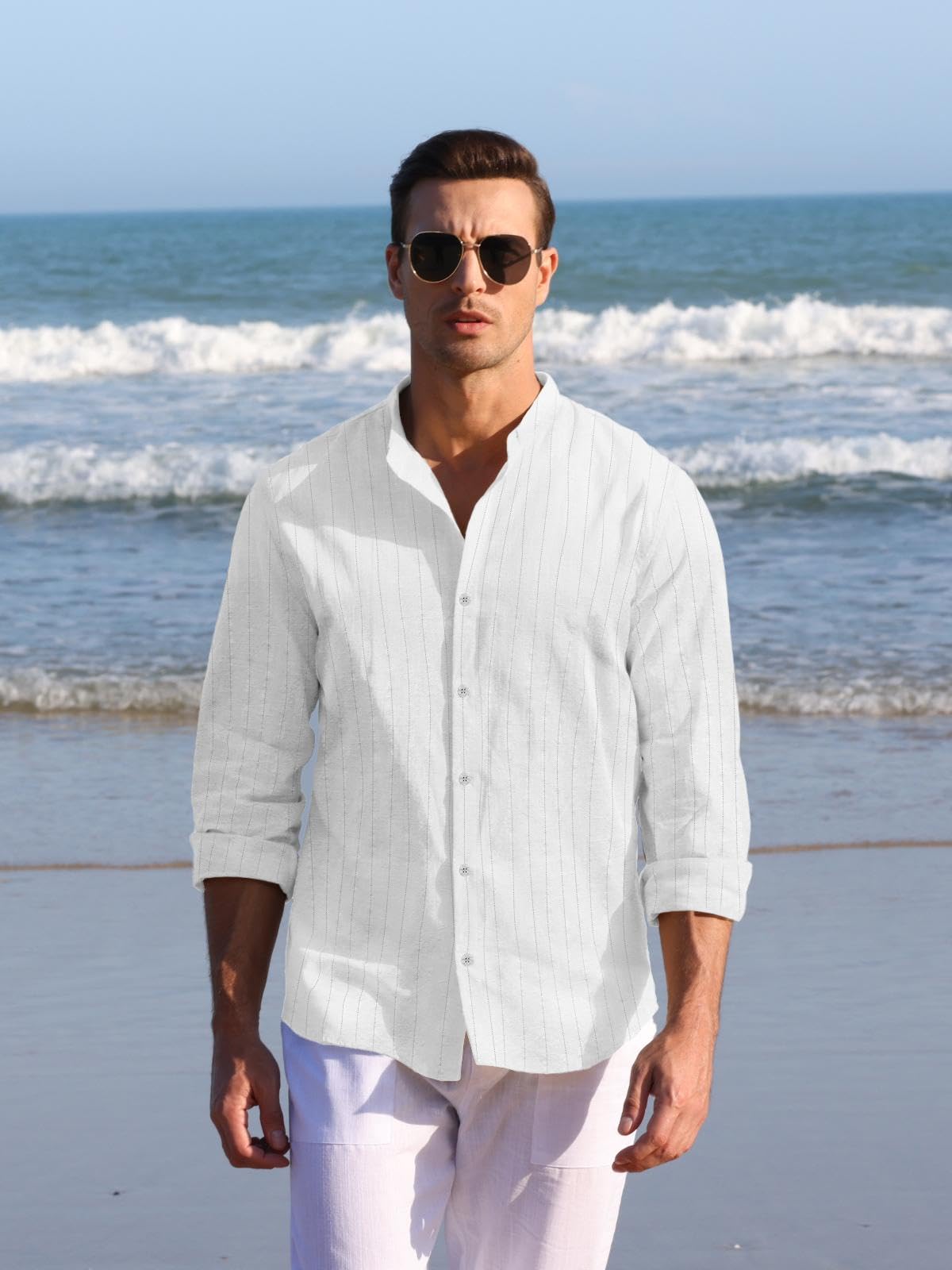 Runcati Camicia in lino, da uomo, estiva, a maniche lunghe, a righe, per il tempo libero, in cotone, vestibilità regolare