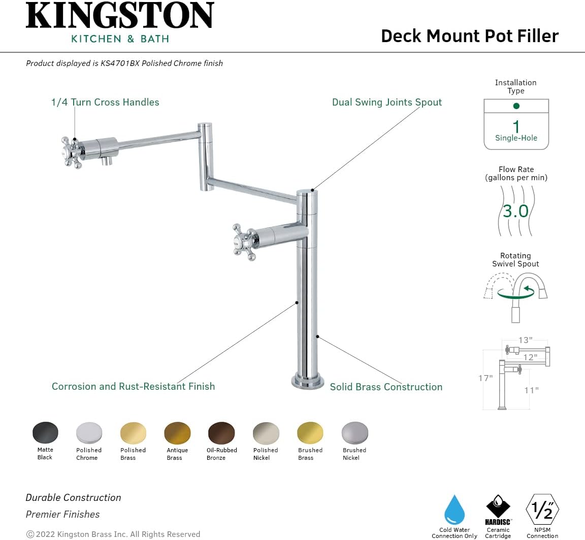 Kingston Brass KS4705BX Metropolitan Deck Mount Pot Filler, Oil Rubbed Bronze