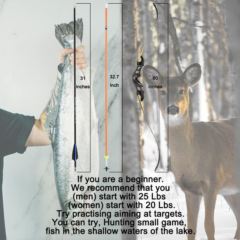 Bowfishing Kit - Recurve Bow and Arrows with Bowfishing Arrows Set, Metal Riser 60" Archery Longbow for Beginner Hunting Bow Fishing Shooting Practice Kits