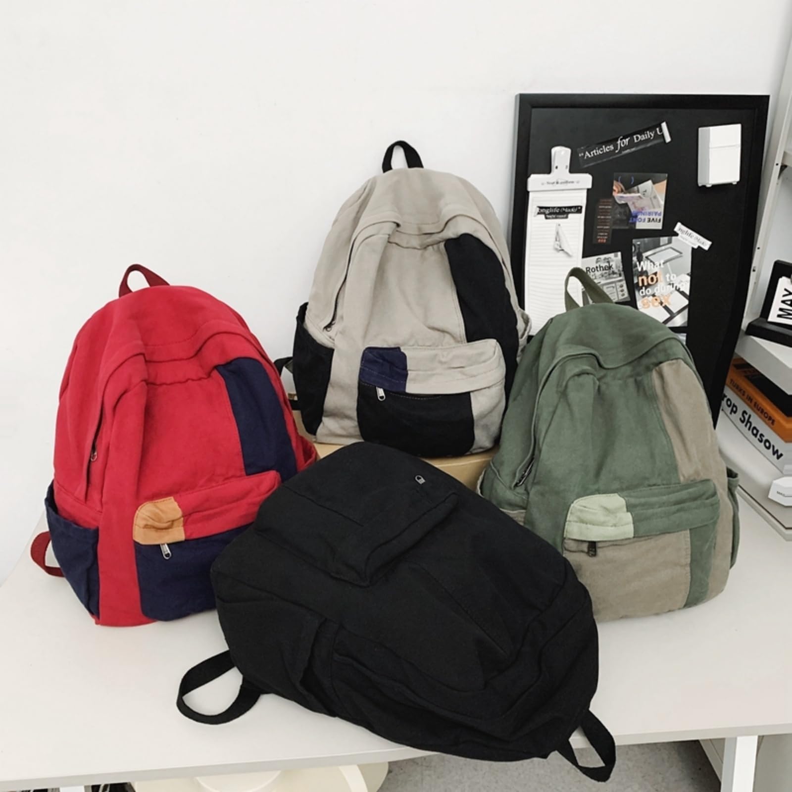 Zaino Vintage Patchwork Tela Zaino, Daypack Leggero per Lo Studente Scuola Viaggio Uso Quotidiano-green-36x40x17cm