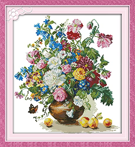Image of ITSTITCH Stamped Cross Stitch for Adults 11CT 25X25 inch DIY Embroidery Starter Kits Easy Patterns Embroidery for Hand Crafts DMC Printed Cross Stitch Kits Supplies Needlework -Flower and Peach